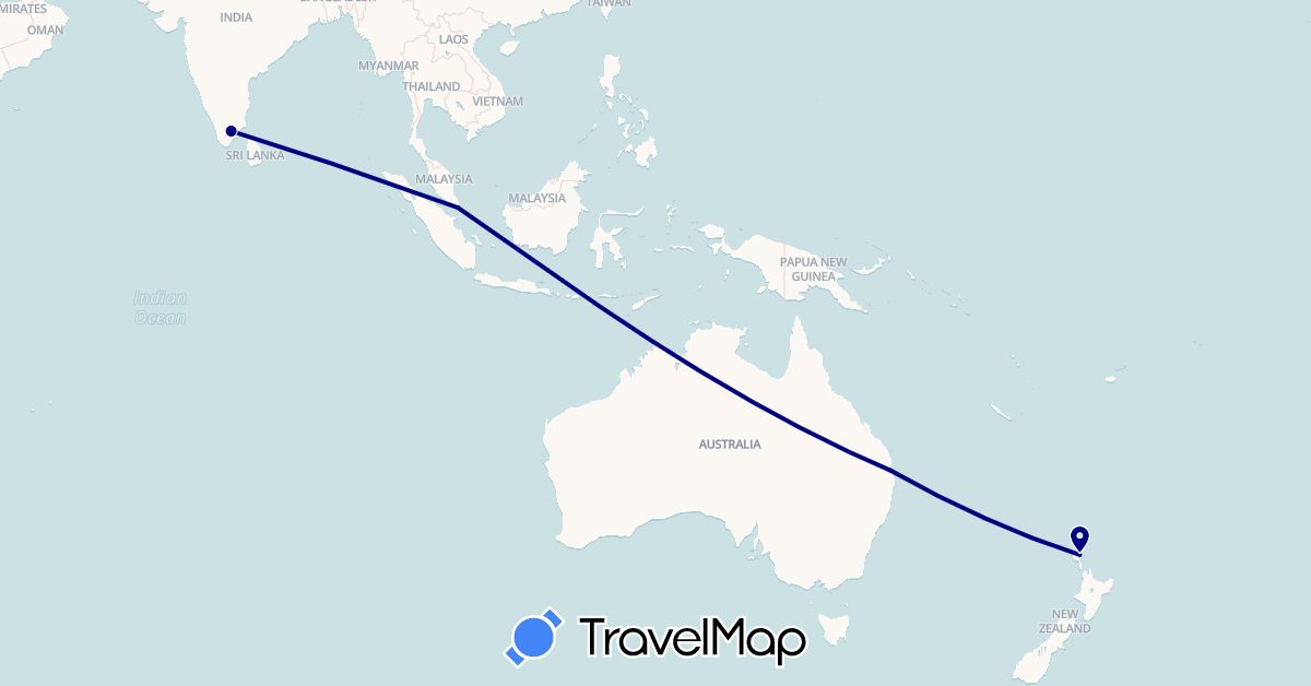 TravelMap itinerary: driving in Australia, India, New Zealand, Singapore (Asia, Oceania)